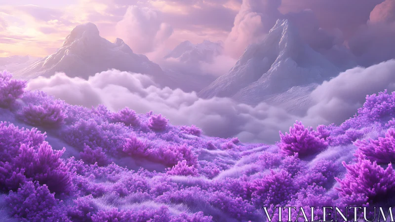 Lavender alpine valley with ethereal clouds and violet light.