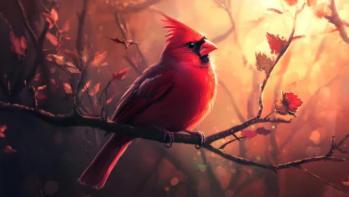 Vibrant red cardinal perched on autumn branch, digital art style.