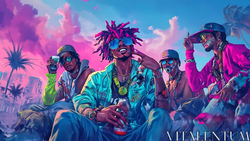 Neon street crew under tropical sunset sky scene.