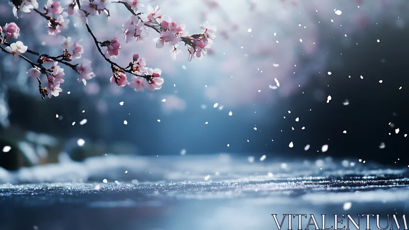 Spring Cherry Blossoms Cascading Through Winter Snow and Rainfall.