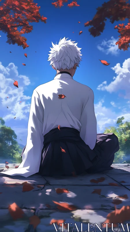 Serene white haired figure enjoys a quiet autumn sky