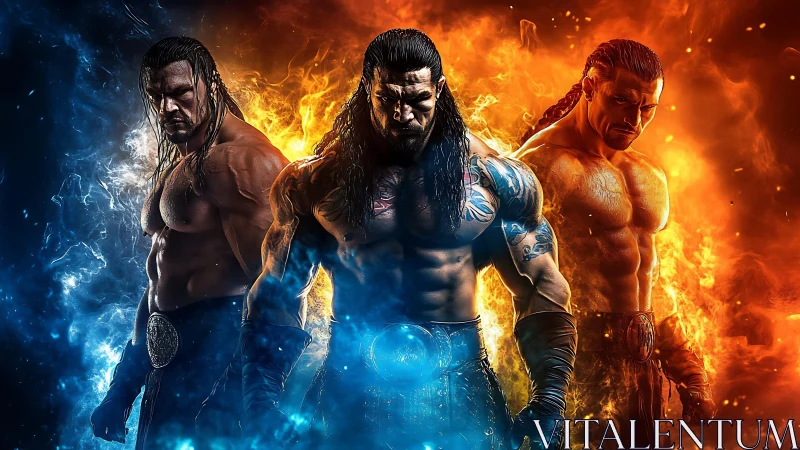 Digital painting triptych of heroic fighters in fire and ice.