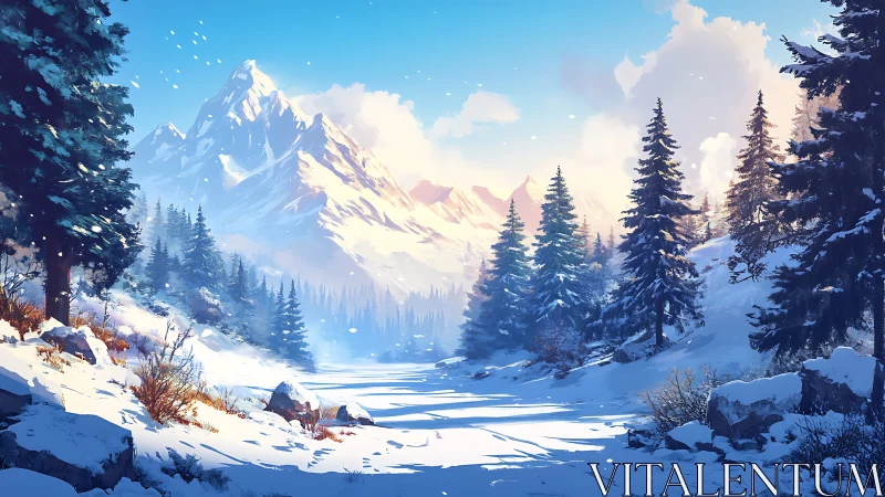 Snow covered conifer forest below distant alpine mountains.