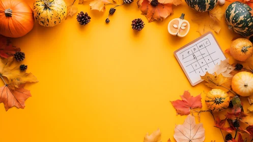 Autumn pumpkins and leaves frame blank orange workspace