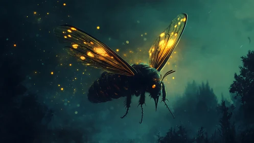 Giant firefly glows above misty forest twilight sky