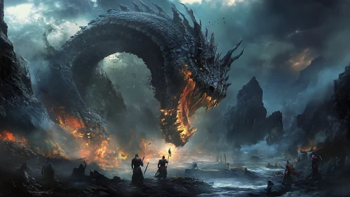 Colossal fire dragon descends on warriors in stormy valley.