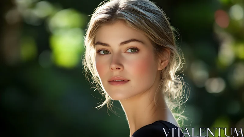 Sunlit portrait of a calm young woman in a garden glow.