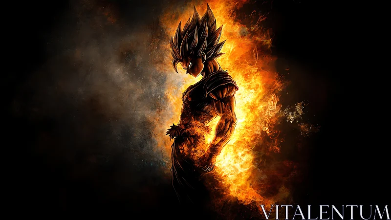 Fiery anime warrior framed by glowing flames in the dark.