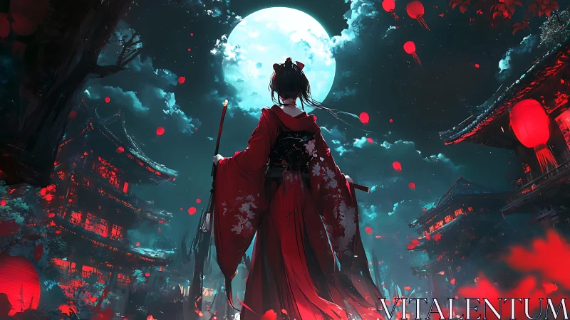 Figure in red kimono beneath full moon in lantern-lit street.