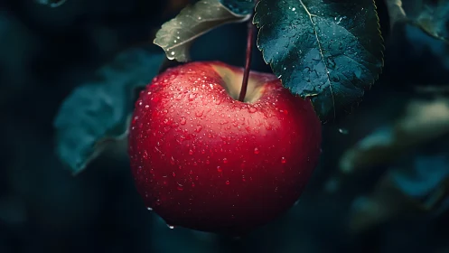 Single red apple hangs from branch under water droplets