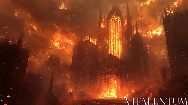 Gothic cathedral engulfed in intense flames and smoke