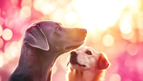 Sunlit portrait of two dogs in dreamy pink bokeh glow