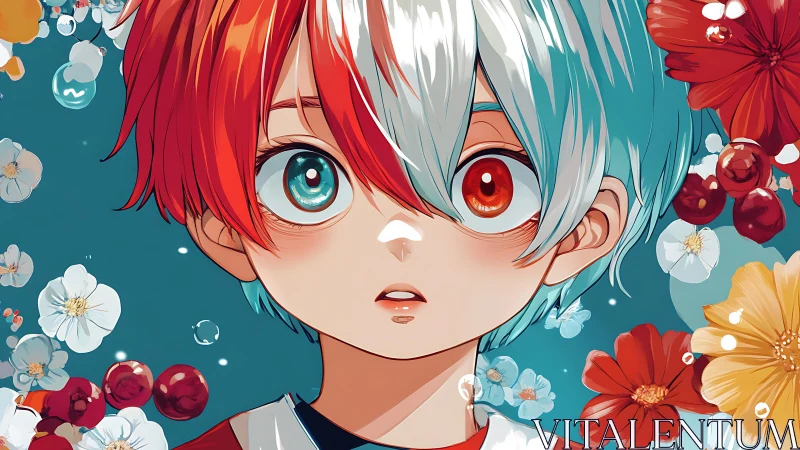 Bicolored haired anime child with heterochromia, floral field backdrop