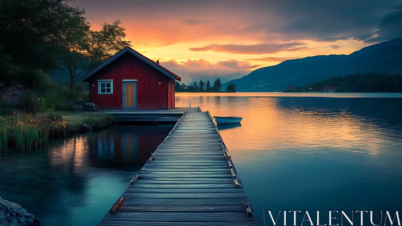 Lakeside red cabin dreams beneath a molten watercolor sunset.