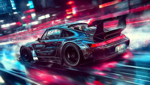 Neon-soaked sports car rockets through a rain-lit city night