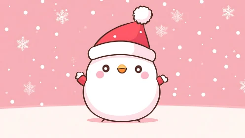 Kawaii snowman character in Santa hat on pink snowy backdrop