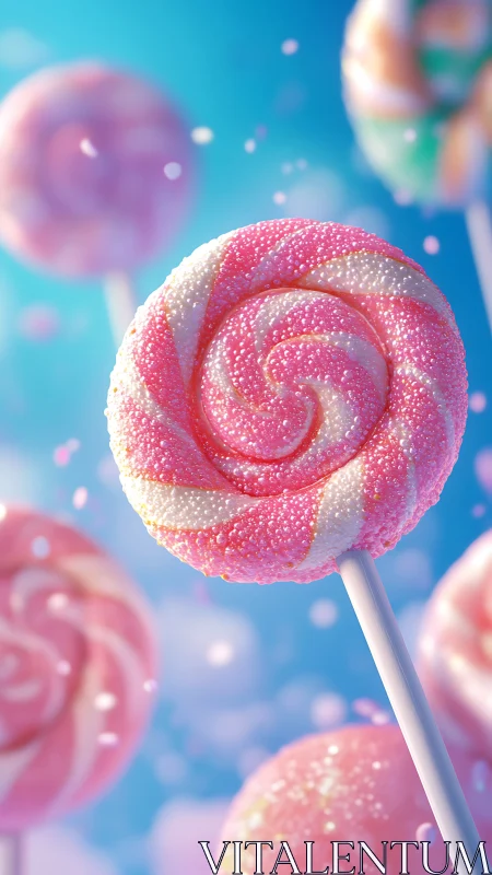 Crystalline Spiral Confection: Macro Lollipop Composition Against Azure Background.