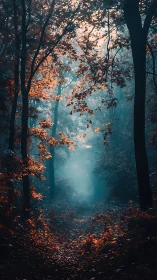 Misty Forest Path: Golden Autumn Through Shadowed Trees.