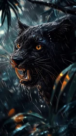 Black Panther in Rain with Glowing Amber Eyes.