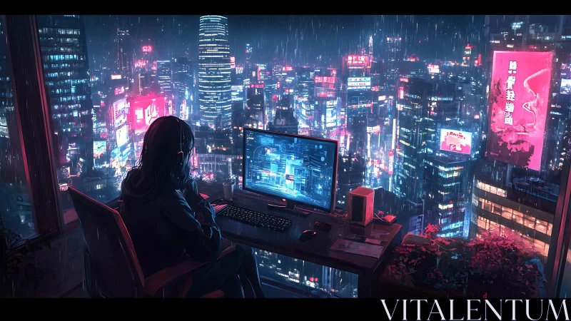 Night coder at a neon-soaked city window, lost in rainlit code.