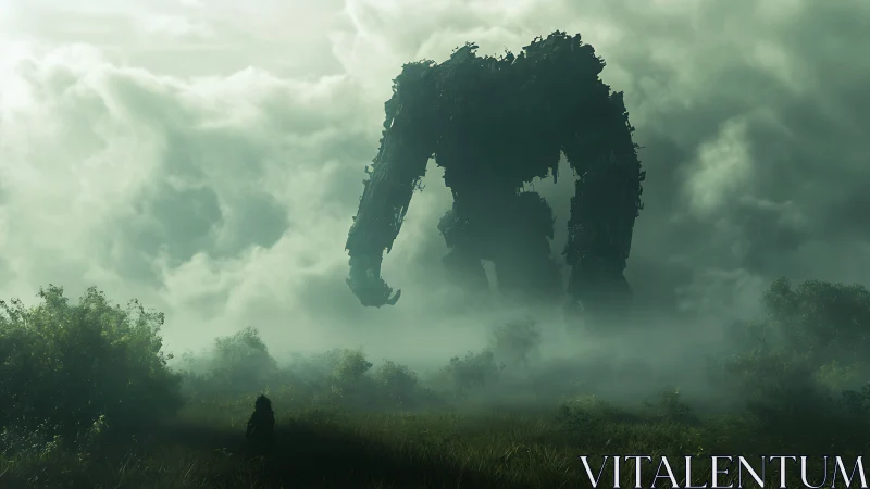 Wanderer in the mist facing a towering forest colossus.