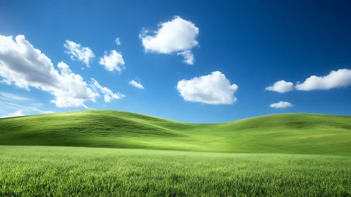 Rolling green hills under deep blue sky with soft clouds.