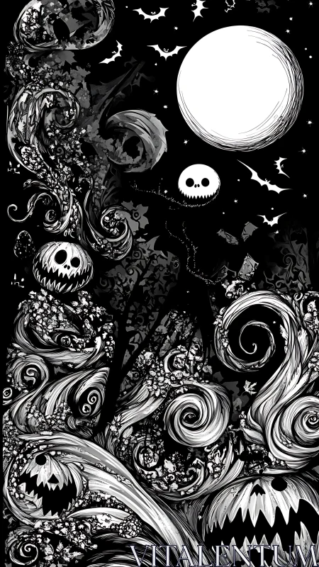 High-contrast monochrome Halloween scene with swirling carved pumpkins