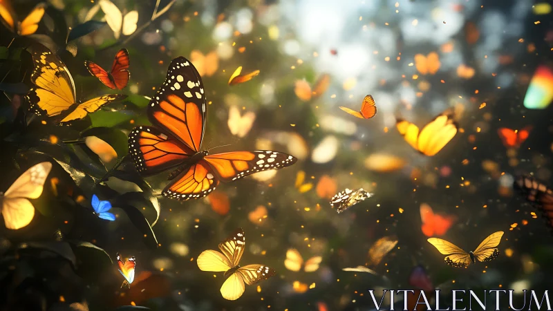 Glowing monarch swarm over sunlit forest clearing.