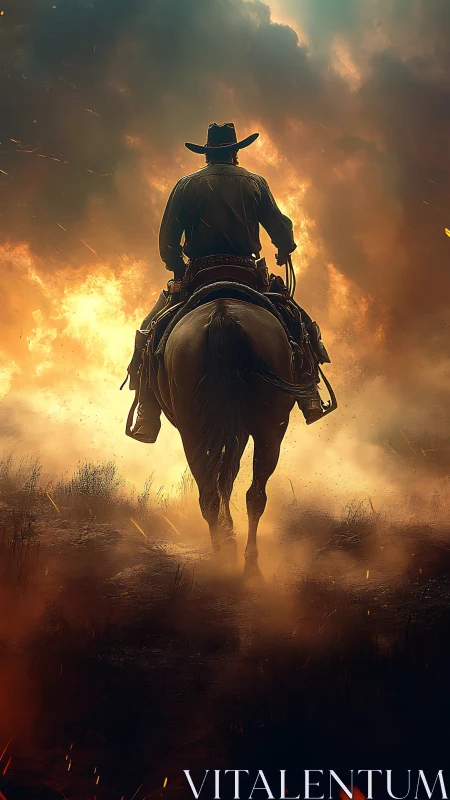 Lone cowboy on horseback crossing a wildfire dusk plain.
