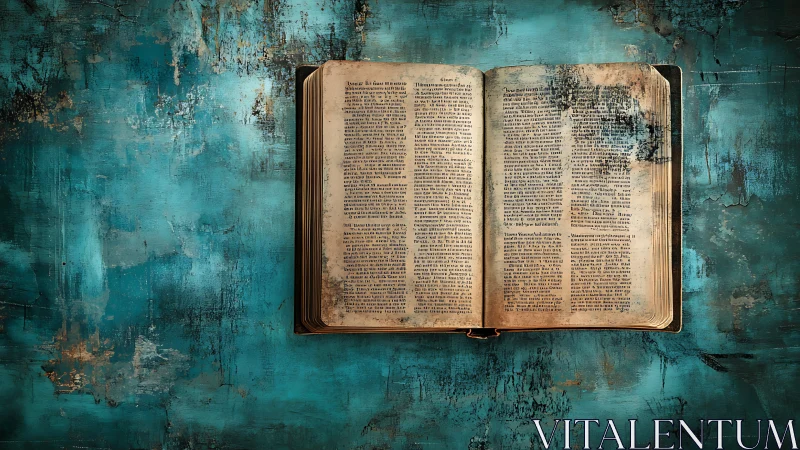 Old open book on distressed turquoise painted surface.