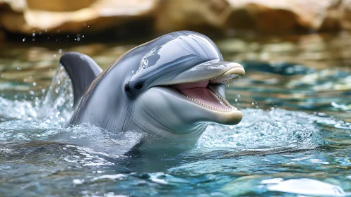 Bottlenose dolphin surfacing in clear pool with splashing water