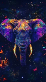 Chromatic elephant portrait in luminescent cosmic jungle.