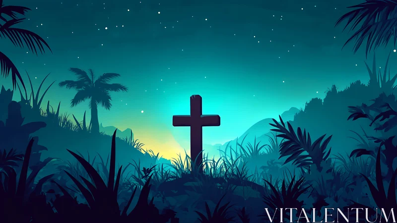 Silhouette cross rises over tropical jungle under starlight.