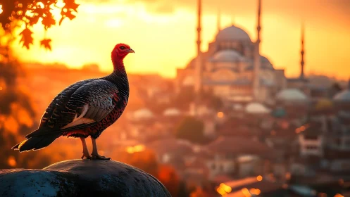 Photorealistic sunset bird study with mosque skyline bokeh.