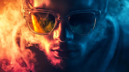 Portrait shows person in glasses lit by opposing colored light