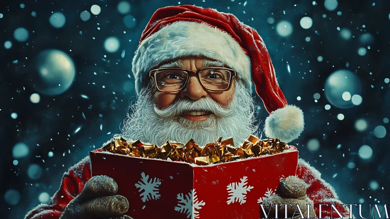 Optically crisp Santa portrait with luminous gift box focus.