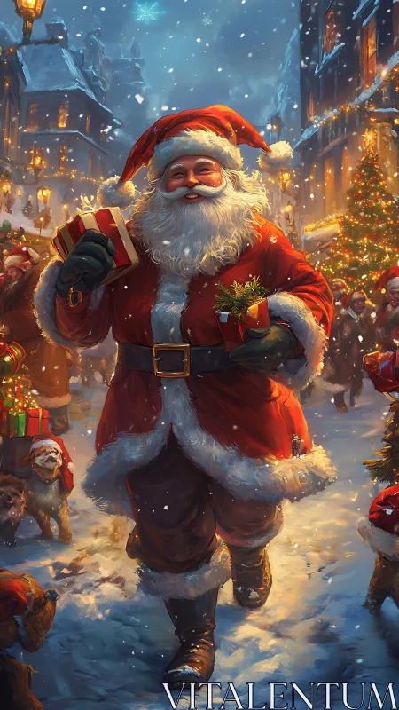 Santa strides through snowlit festive street with gifts.