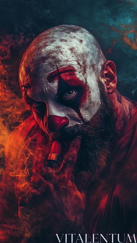 Bald bearded clown holds shotgun shell in smoky lighting