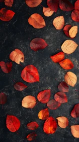 Crimson autumn leaves scatter across dark textured slate
