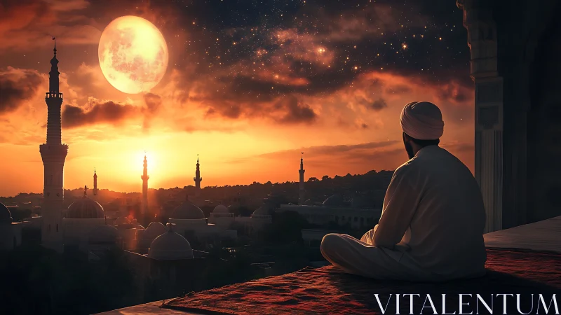 Solitary observer over illuminated mosque skyline at lunar dusk
