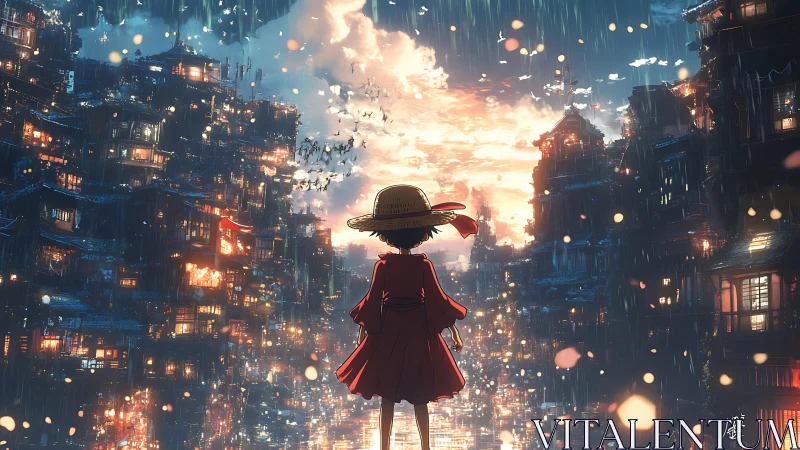 Child in red coat faces glowing rain-soaked city canyon