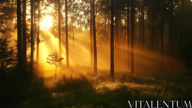 Golden sunrise rays piercing tranquil pine forest.