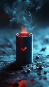 Futuristic heated cylinder emits red glow and dense smoke