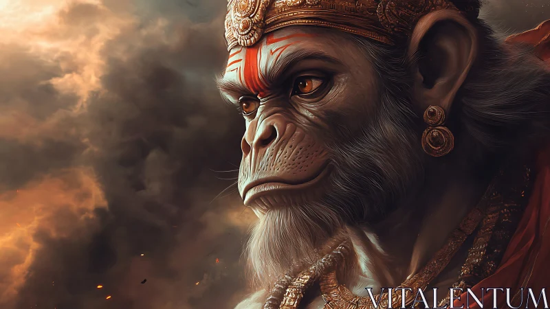 Regal simian warrior in glowing stormlit profile portrait.