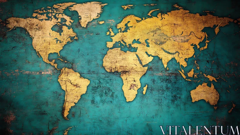 Golden world map glows warmly against textured teal seas