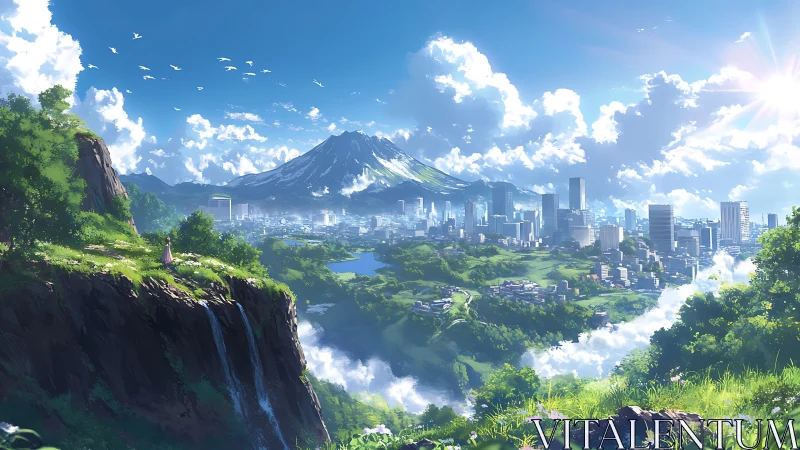 Mountain city skyline beneath radiant blue summer sky.