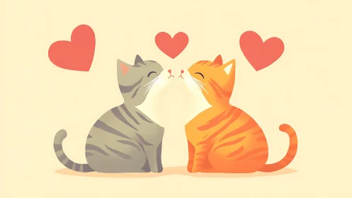 Two Cats in Sitting Position with Heart Symbols.