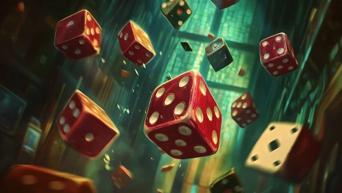 Glowing red dice drift through a luminous city alleyway.