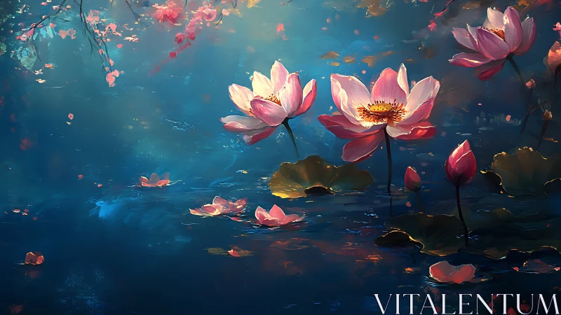 Lotus flowers float on blue water under warm diffuse light