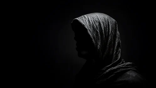 Silhouetted hooded figure in low key side profile lighting.